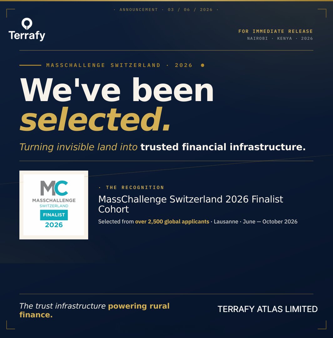 TerrafyApp's tweet photo. We've been selected.
@MassChallenge Switzerland 2026 Finalist.
Turning invisible land into trusted financial infrastructure.
https://t.co/wAAdW0SwmB 
#MassChallenge #Terrafy https://t.co/saQEYUIiXF