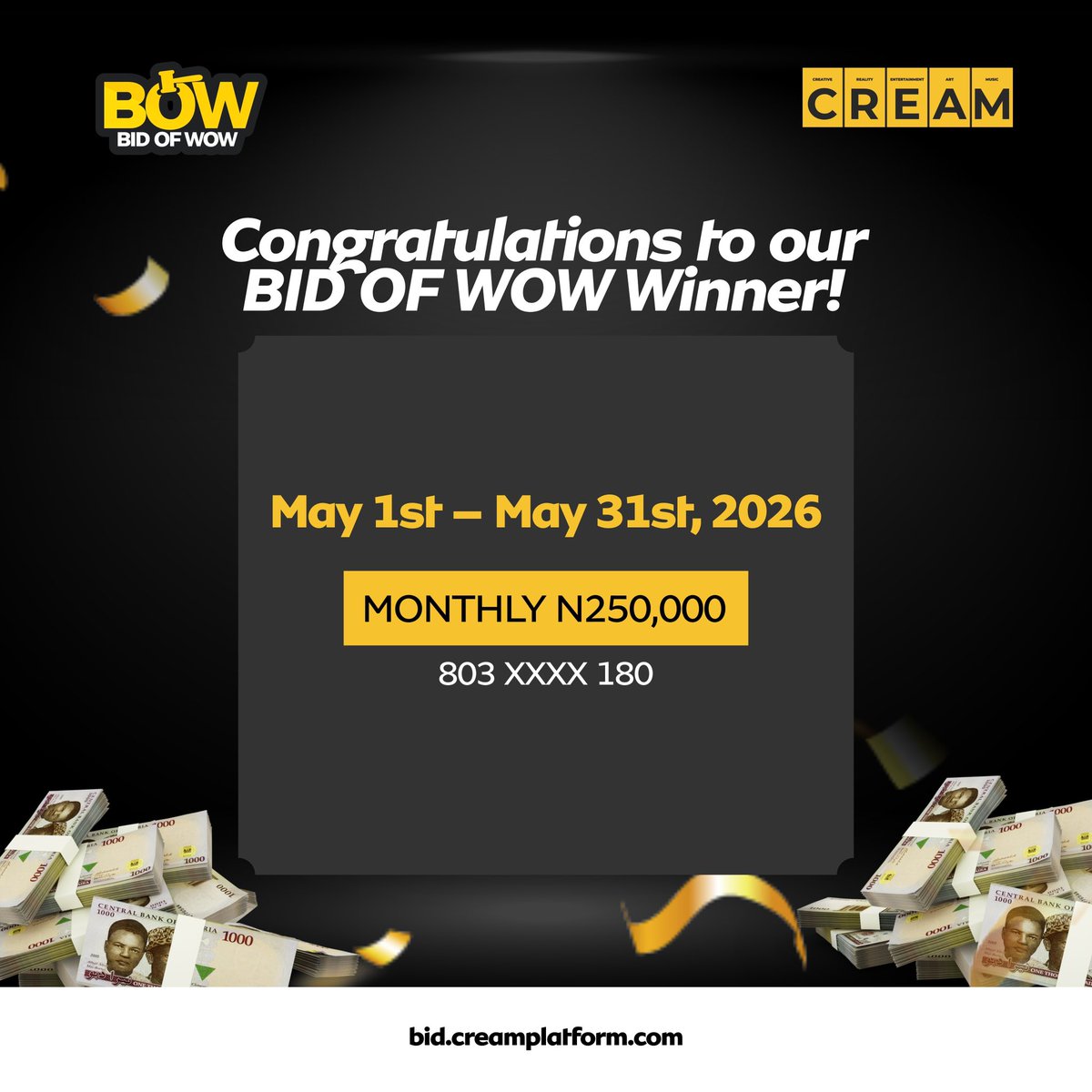 Dcreamplatform's tweet photo. Congratulations to our Bid monthly winner, for winning N250,000🎉🎉🎉🎉, on the C.R.E.A.M platform. 

If you haven’t heard, hear it now, @thecreamplatform is 100% legit with easy payout once you win😎 https://t.co/BAreAgdNDd