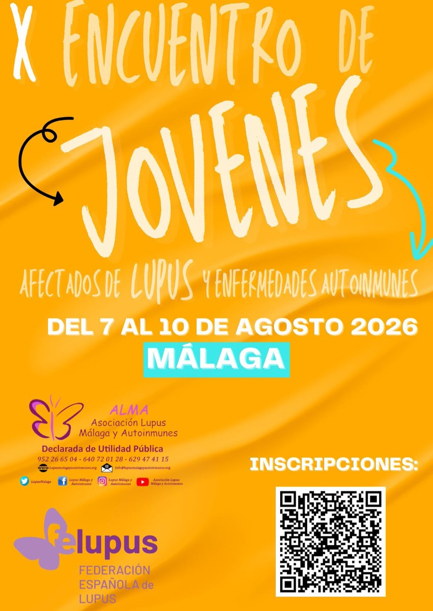 LupusMalaga's tweet photo. 📢 INSCRIPCIONES ABIERTAS📢

📝 Apúntate al X Encuentro de Jóvenes afectados de Lupus y Enfermedades Autoinmunes!!

Desde el código QR de la imagen o desde el siguiente enlace: 
🔗https://t.co/7G9uZdi5IQ https://t.co/7aJmLDqEcH