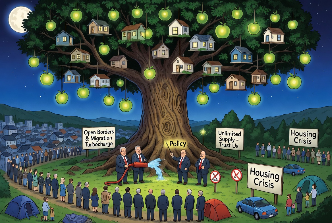 nwl88444048's tweet photo. With around 25,000 non-Irish work permits, net non-Irish migration, asylum arrivals, family reunification every quarter and around 8,000 new homes built, we are excited to bring you today the first images of this government's Magic House Tree, https://t.co/1kuruDgeQD
