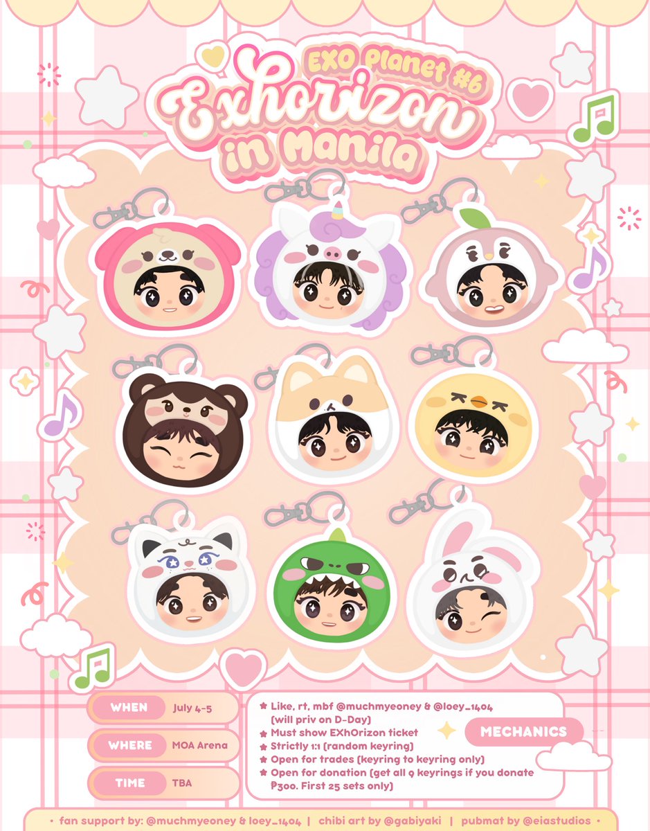 muchMYEONey's tweet photo. EXO Planet #6: EXhOrizon in Manila

fan support by @muchmyeoney &amp; @loey_1404 

Mechanics:
•Like, repost, mbf us
•Strictly 1:1 (random)
•Open for trades (kr to kr)
•Open for donations (DM me)
•Donate ₱300, get all 9 keyrings

See pubmat for full mechanics

#EXhOrizoninManila https://t.co/7627qISZuN