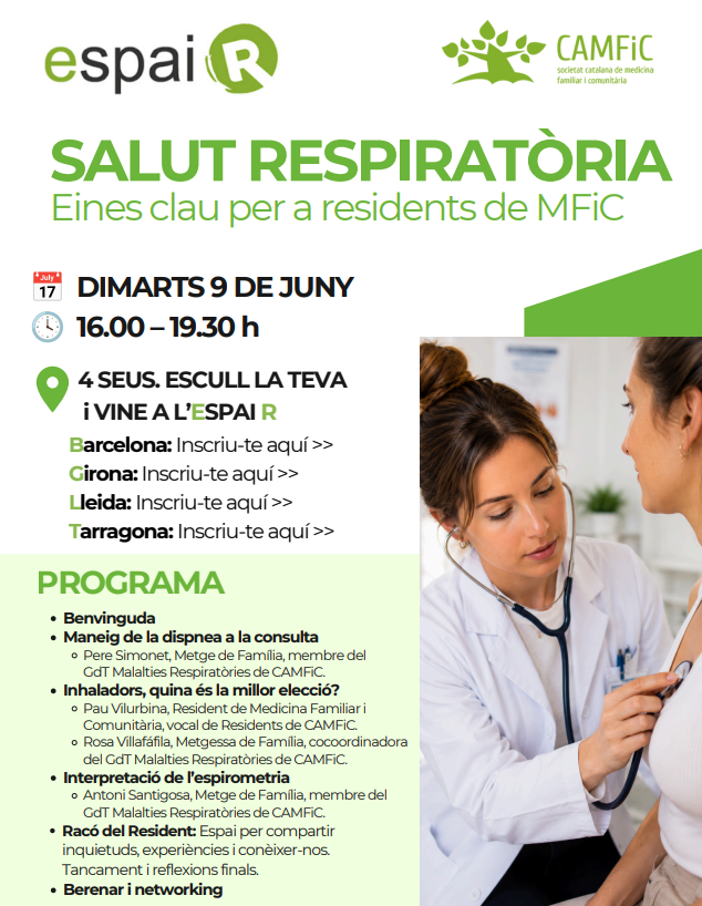 CAMFiC's tweet photo. 🫁 La dispnea no sempre parla clar. Però una bona espirometria pot donar moltes pistes.  

Resi #MFiC, vine a l’EspaiR de CAMFiC i posa’t al dia en #SalutRespiratòria: dispnea, inhaladors i interpretació de l’espirometria.  

 🗓️9 de juny. 
👉La jornada es podrà seguir simultàniament a Barcelona, Girona, Tarragona o Lleida. Escull la teva seu i inscriu-t’hi: 
https://t.co/AMAEjozFgw

@LleidaCAMFIC @residentscamfic @GironaCAMFIC
#VocaliaTarragona