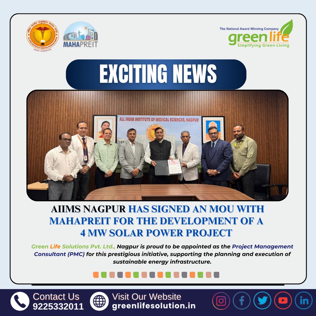 GreenLife012's tweet photo. Proud Moment for Green Life Solutions Pvt. Ltd.
We are thrilled to announce the signing of an MOU with AIIMS Nagpur for a 4 RTC MW Power Project.

@aiims_newdelhi @aiims_rpr @AIIMSNagpur @AIIMS_Guwahati  @CMOMaharashtra @SpokespersonMoD @LabourMinistry https://t.co/g6Eys60f4B