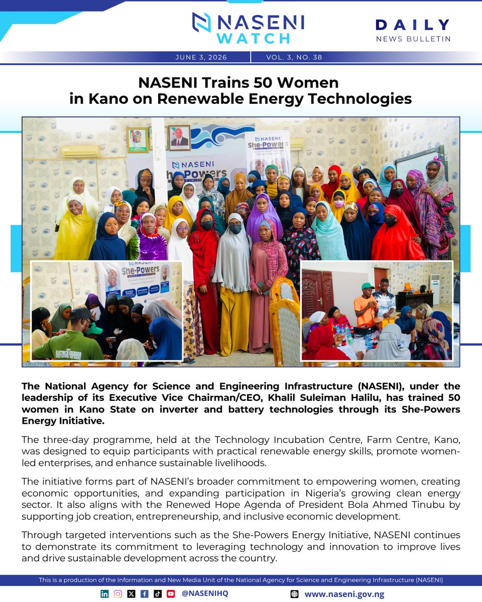 NASENIHQ's tweet photo. NASENI Trains 50 Women in Kano on Renewable Energy Technologies 

#ANewNASENI #NASENIWatch #DailyReview #Science #Engineering #InfinitePossibilities https://t.co/9IAHwXKS1g