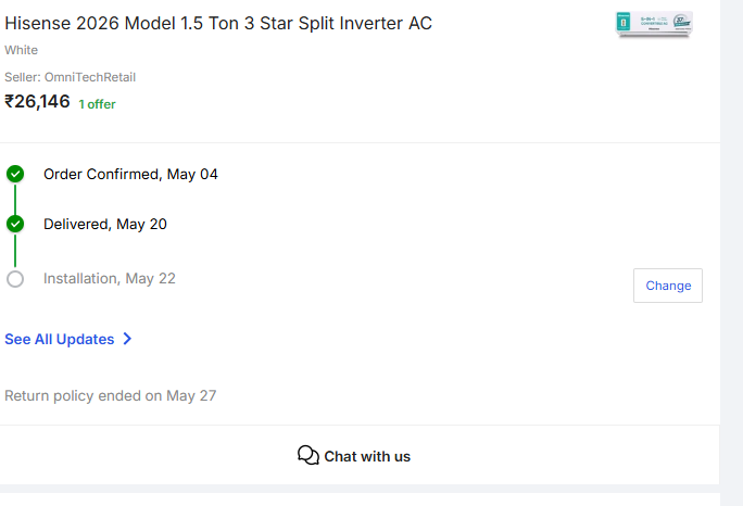 ErIsharaa's tweet photo. OD337472859435790100
Extremely disappointed with @Flipkart  @HisenseIn Ordered an AC 15 days ago. Neither Flipkart nor Hisense did the installation. Kept calling &amp; emailing for 15 days with ZERO response! @consaff @FlipkartStories @Flipkartminutes
i want refund
 @flipkartsupport https://t.co/1RnpvmJQG6