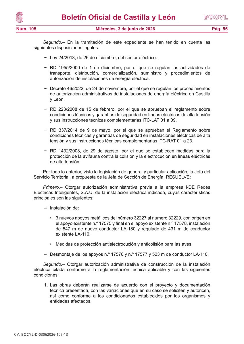 BOCYL_'s tweet photo. 🏛 CONSEJERÍA DE ECONOMÍA Y HACIENDA

📰 RESOLUCIÓN de 25 de mayo de 2026, del Servicio Territorial de Industria, Comercio y Economía de Burgos, por la que se otorga autorización administrativa previa y de construcción del proyecto de reposición de ...

📎 https://t.co/vZQAnSwu18 https://t.co/ndJKTZeozZ