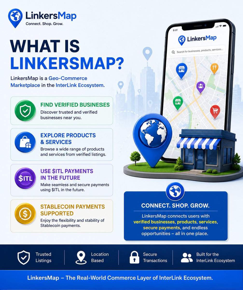 KKousalya41151's tweet photo. A trusted Geo-Commerce Marketplace in the InterLink ecosystem where users can discover verified businesses, explore products & services, and access future $ITL and stablecoin payment solutions
Connect. Shop. Grow
#LinkersMap #InterLink #GeoCommerce #Web3 #ITL #DigitalCommerce https://t.co/iVDEoWLtyP