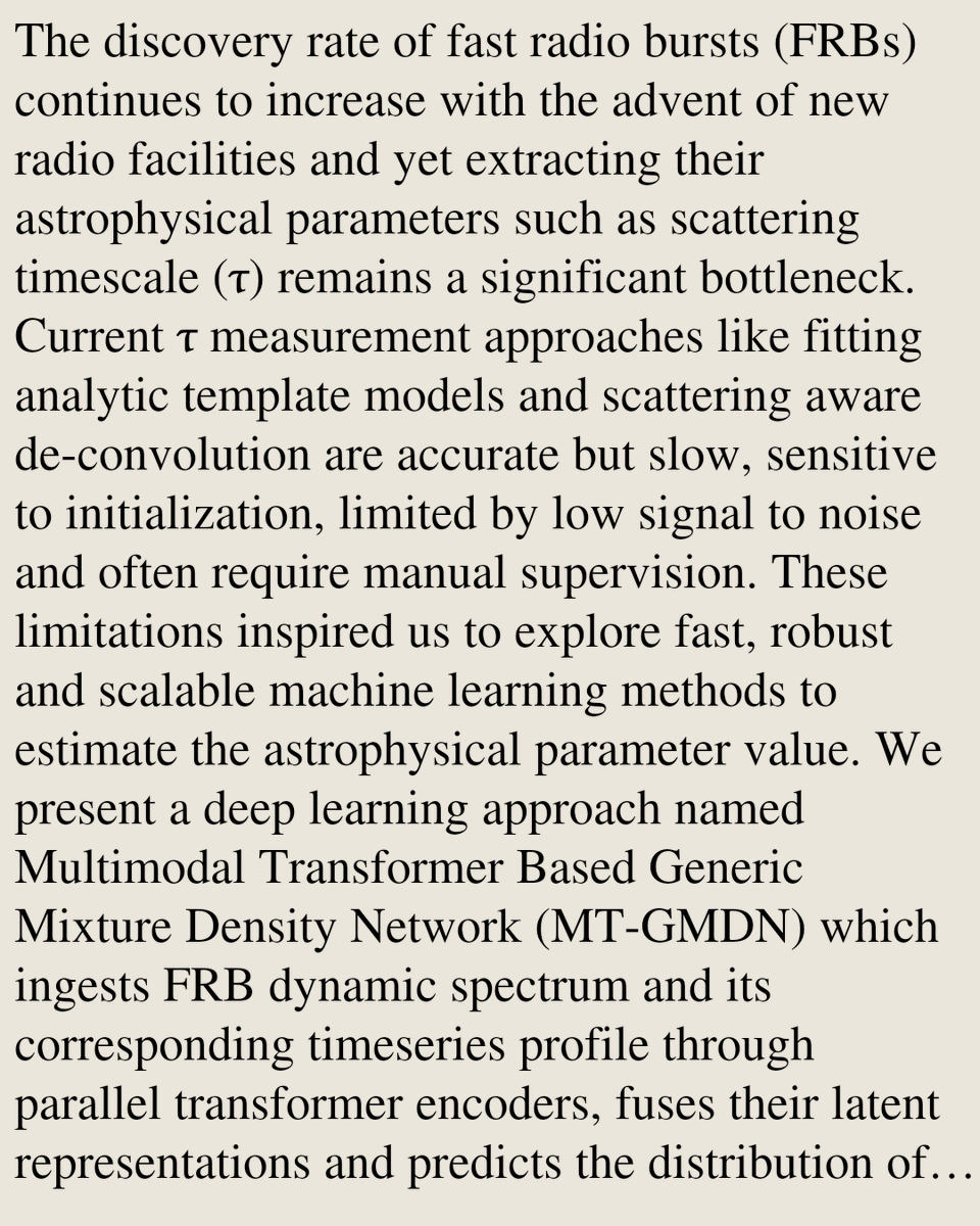 PRXI's tweet photo. Multimodal Transformer Based Generic Mixture Density Network for Scattering Timescale Estimation of Fast Radio Bursts

Bikash Kharel, Emmanuel Fonseca, Srinjoy Das, Mason Ng, Paul Scholz, Mawson W. Simmons, …
https://t.co/f2g6rRBtaj [𝚊𝚜𝚝𝚛𝚘-𝚙𝚑.𝙷𝙴 𝚜𝚝𝚊𝚝.𝙼𝙻] https://t.co/Qu0IkcUOGc