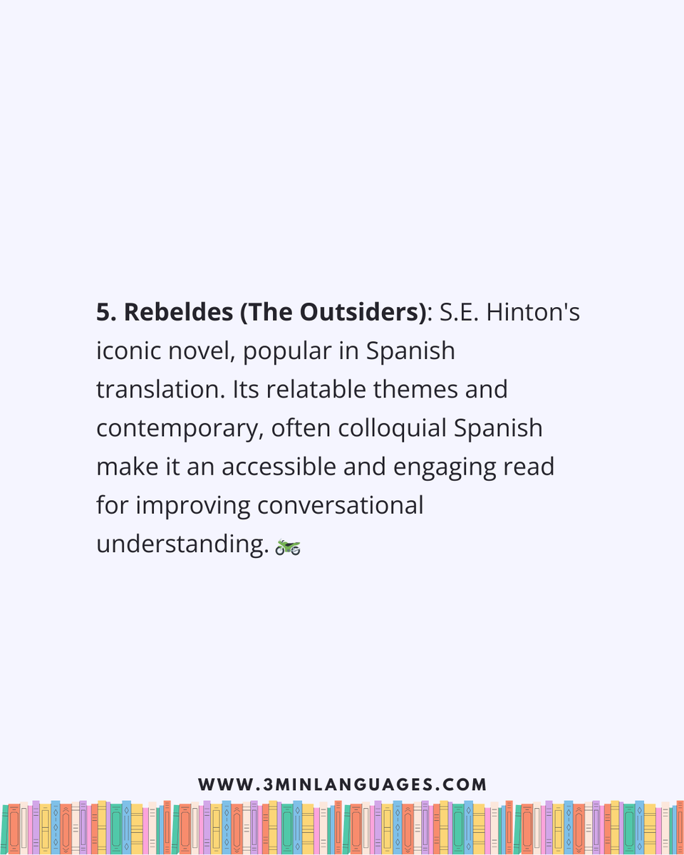 3MLanguages's tweet photo. 📚🇪🇸 5 more Spanish picks

La tregua • Nada • La fiesta del chivo • Pedro Páramo • Rebeldes

Tip: mine 5 vocab cards per session.

👉 Learn Spanish in 3 minutes: https://t.co/aviltQdhX3 https://t.co/Qw7bS6hIue
