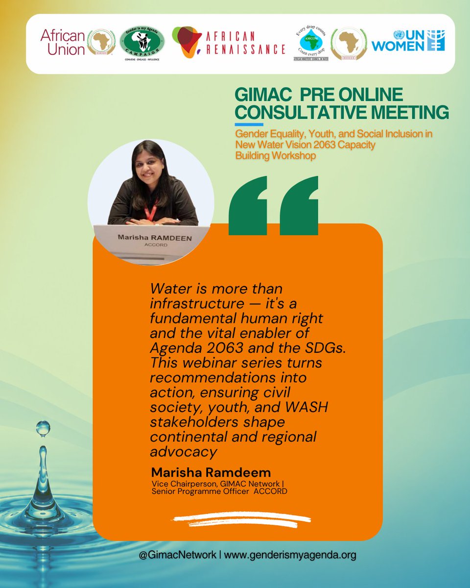 GimacNetwork's tweet photo. Opening the GIMAC Pre-Consultation Meeting, Marisha Ramdeen, Vice Chair of the GIMAC Network and  Senior Programme Officer at @ACCORD_online  highlighted the urgent need for gender-responsive water and sanitation policies that address the realities faced by women and girls across Africa.

As the continent advances the AU Theme of the Year 2026, GIMAC continues to champion the inclusion of civil society, youth, and WASH stakeholders in shaping solutions that leave no one behind.

#GIMACRECs #WaterVision2063 #GenderEquality  #Agenda2063