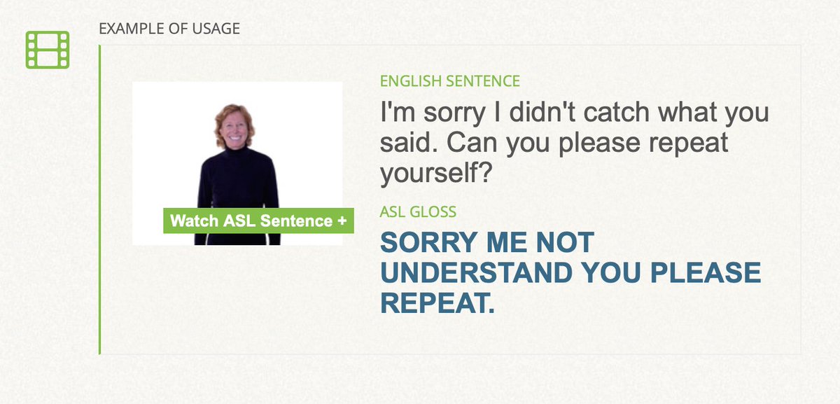 SigningSavvy's tweet photo. Today’s example #ASL gloss is an example of using the sign of the day (REPEAT) in context. See it signed at https://t.co/11JJEyeRoL

English: I'm sorry I didn't catch what you said. Can you please repeat yourself?
ASL Gloss: SORRY ME NOT UNDERSTAND YOU PLEASE REPEAT. https://t.co/zP7ZPV25eE