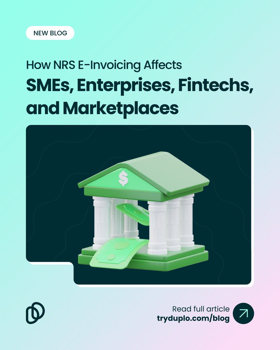 tryduplo's tweet photo. How does the NRS e-invoicing mandate impact your business model? 🤔

Whether you're an SME aiming to win enterprise contracts, a large corporation managing vast supplier networks, a fintech looking for product stickiness, or a complex B2B marketplace, the implementation rules change completely.

We’ve stripped away the generalities to build a custom roadmap for every type of business navigating the new digital tax framework.

👉 Read the full article here: https://t.co/NQS4fpa9kk and get compliant before the deadline 

📌Visit https://t.co/civVYzOt5h to start sending NRS-compliant e-invoices today!

#FinanceOps #DigitalTaxation #SMEBusiness #NRSEinvoicing #Duplo #Fintech #TryDuplo #BusinessPayments