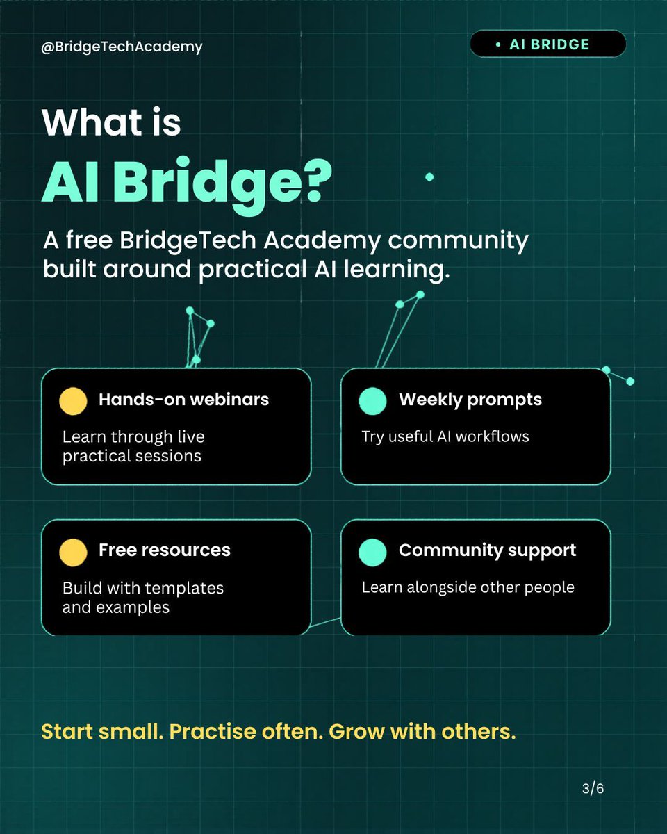 BridgeTechAcad's tweet photo. Everyone is talking about AI, but most people are not sure where to start.

That's why we've created AI Bridge, a free learning community for people who want to build practical AI skills for work, career growth, and the future of work.

Join us 👇

https://t.co/nWEZjCrjf5 https://t.co/oIHcDTNddz