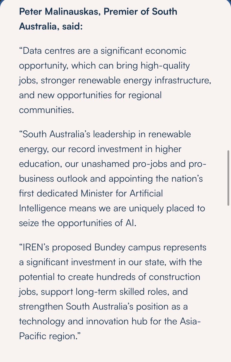 FinnStockinger's tweet photo. My dear $IREN 👊👊👊

IREN has signed a transmission connection agreement for a planned 800MW data center campus in Bundey, South Australia. The project secures high-voltage capacity directly into the utility's substation, with energization expected to begin in 2028.

It begins, let’s go $IREN !