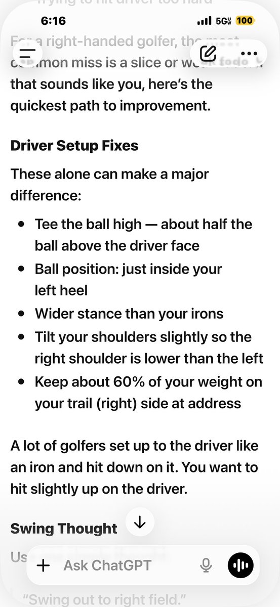 GregRhue's tweet photo. @MichaelBreed ref Bryson using AI for his swing coach. Here’s a screen shot when I ask, what can I do to improve my Swing?  Pretty interesting that all I had to input was my Handicap, how many times I play a month, and if I was right handed or left-handed https://t.co/Tsyfn1p8xP