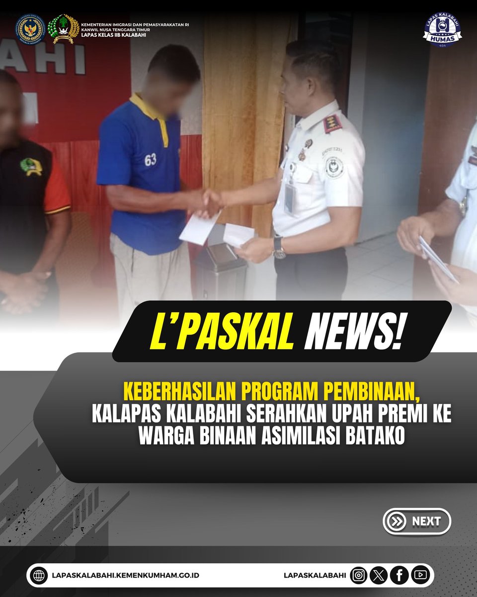 LapasKalabahi's tweet photo. Keberhasilan Program Pembinaan, Kalapas Kalabahi Serahkan Upah Premi ke Warga Binaan Asimilasi Batako

Selengkapnya:
https://t.co/bKTpGfQKvy

#LapasKalabahi
#Kemenimipas
#AlwaysTheBest
~ KanwilDitjenpasNTT https://t.co/gW50dsuyvh