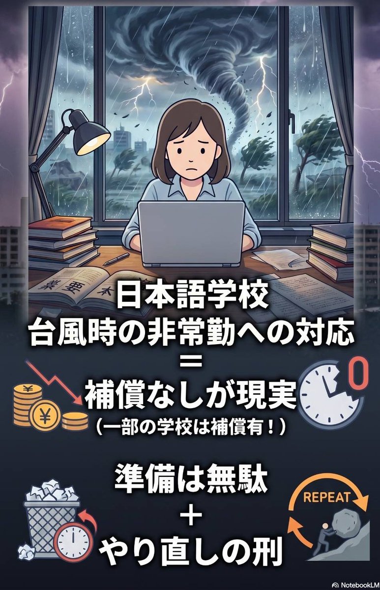 nihongojun's tweet photo. みなさん、台風🌀で学校への影響はどうでしたか？うちの掛け持ち校では全校が休講決定。決定時期も、昨日の昼、午後、今日の朝とそれぞれ対応が分かれました。一校を除きほとんどが休講＝無給、天候事情とはいえ、時間はおさえられているのに、直前キャンセルされても給与補償がなく泣き寝入りという→ https://t.co/4A4ubirc8X