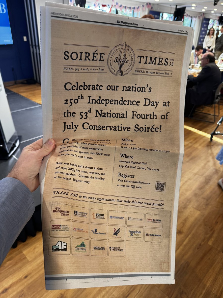 matthewhurtt's tweet photo. Spotted at this morning’s @LeadershipInst #WWCB — a full-page ad in the @WashTimes for the 53rd National Fourth of July Conservative Soirée. 

Read more and RSVP here: https://t.co/mVpezRXY9j https://t.co/fDECqpMAQz
