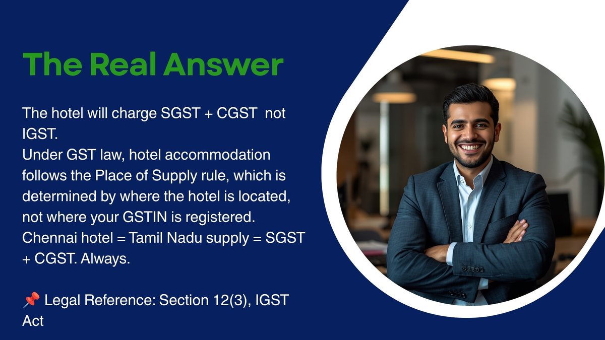 ProLead2's tweet photo. Most business travellers assume staying in a different state means IGST on the hotel bill. 

Under GST law, the Place of Supply for hotel accommodation is always determined by where the hotel is located not where your GSTIN is registered.

#GST #PROLEAD https://t.co/HejoxHAI5M