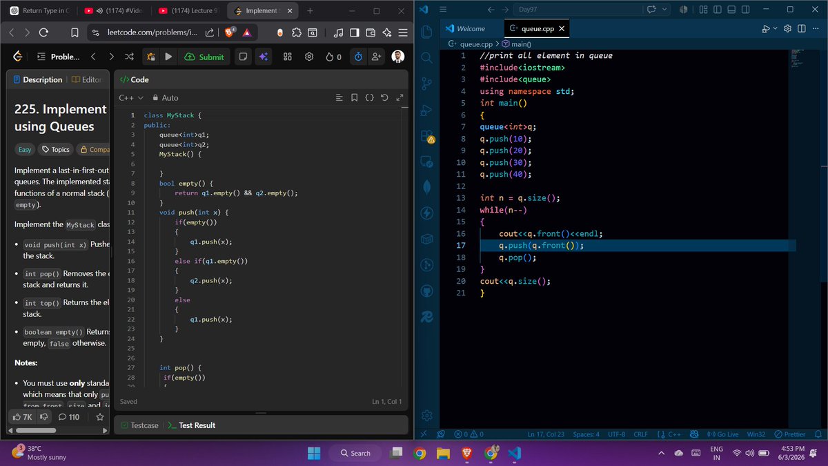 SkChaudhary45's tweet photo. Day 97 — solve some Queue problems
→ Print queue 
 → Reverse full queue (stack) 
→ Reverse first K elements 
→ Ticket buying simulation 
→ Queue using  stacks 
→ Stack using  queues

@rohit_negi9  Sir !

#CoderArmy #DSA #Queue #Stack #LearningInPublic https://t.co/TecqKRyYCo