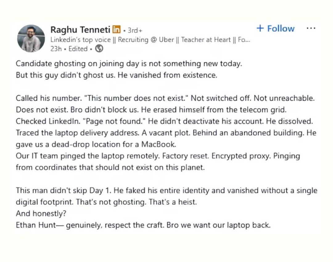 ashudcode's tweet photo. Candidate Disappears With MacBook, Erases Digital Existence On Day Of Joining in Uber https://t.co/xtU7TGGqki