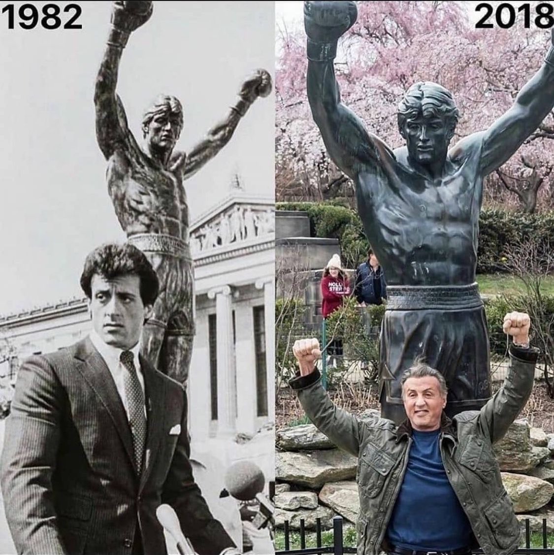 charlesmore25's tweet photo. Sylvester Stallone posing with the iconic Rocky Statue in Philadelphia across two different years: 1982 and 2018, respect https://t.co/fILM3wBDjV