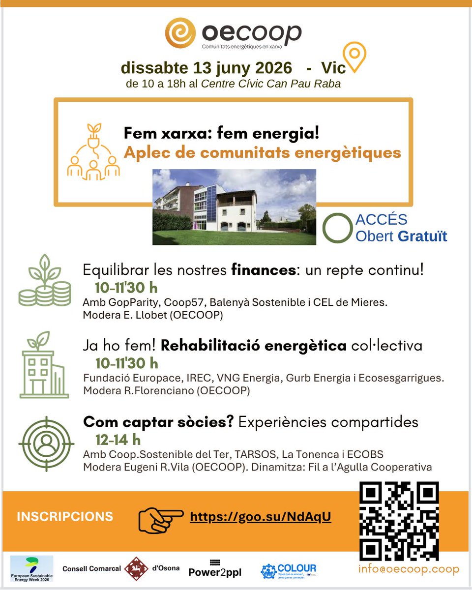 ConsellOsona's tweet photo. 🌞Vic acollirà el primer Aplec de comunitats energètiques d’Osona.

Organitzat per l’ALEO i Osona Energia vol enfortir els vincles entre comunitats energètiques.

🗓️Dissabte 13 de juny.
📍Centre Cívic Can Pau Raba.
✅Accés gratuït.

+ informació: https://t.co/Ofwk49nD9x

#Osona https://t.co/JmrGTVmLi9