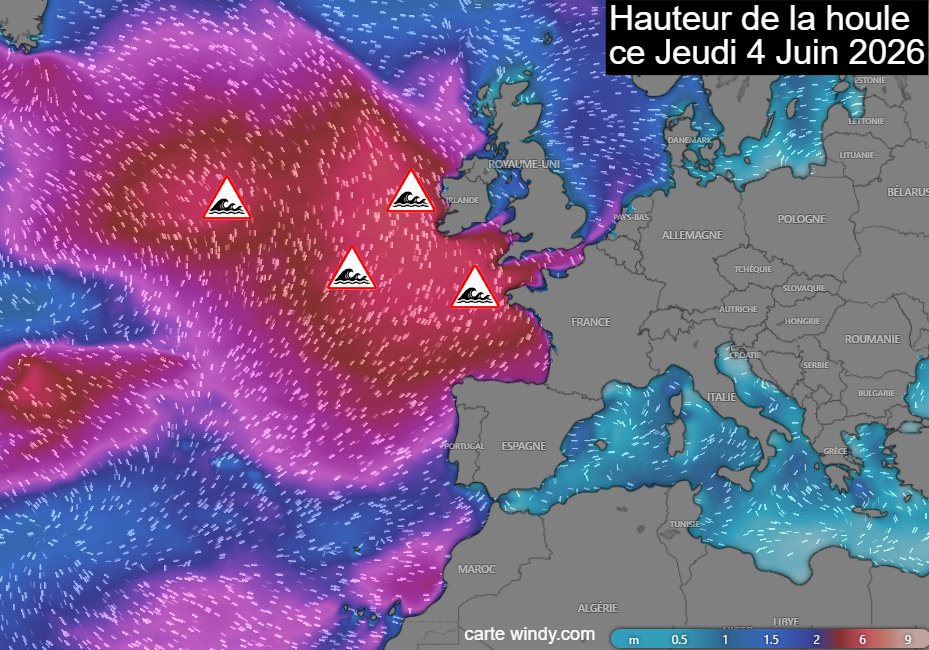 Meteovilles's tweet photo. 🌊 Avec l'accélération du flux océanique, la #houle sera très formée sur l'#Atlantique ce jeudi 4 juin 2026. Sur les côtes bretonnes, des #vagues de 4 à 5 mètres sont attendues. (via windy) https://t.co/KJ7zu9oAT1