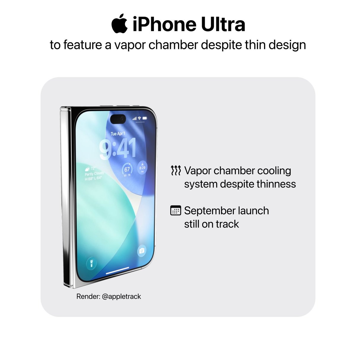 theapplecycle's tweet photo. The iPhone Ultra will reportedly feature an impressive vapor chamber cooling despite its thin design 👀

Its launch is still planned for September despite production difficulties

Source: Fixed Focus Digital https://t.co/zaMP5cKZmL