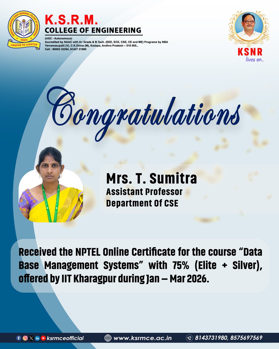 ksrmceofficial's tweet photo. Congratulations

#Congratulations #NTPEL #Database #managementsystems #silver #IIT #KSRMCE #CSE https://t.co/7iBGMBummo
