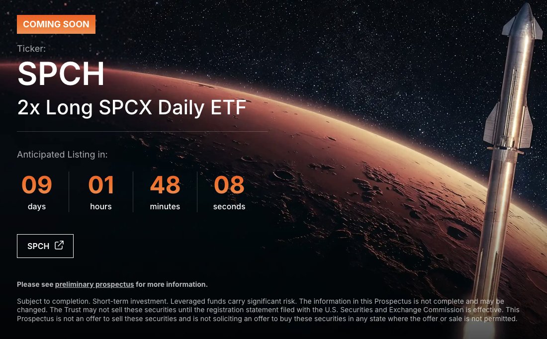 TheETFTracker's tweet photo. THE 2x LONG AND SHORT SPACEX ETFs are coming

Leverage Shares 2x long SpaceX ETF will trade under the ticker $SPCH once it is launched

Leverage Shares is hoping to have the IPO listed on the SAME DAY as the SpaceX IPO

We may now be in a world where 2x long and short ETFs launch the same day as the IPO

Disclosure: Leverage Shares is a WOLF Financial Partner.