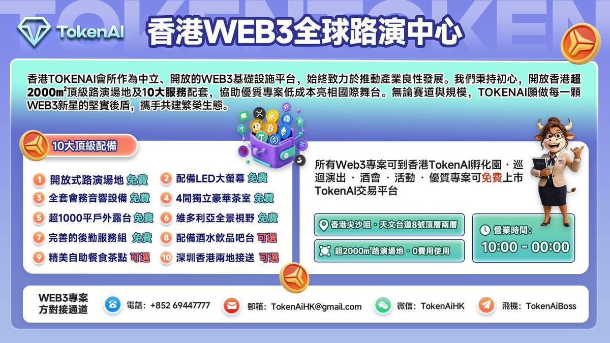 web3xk's tweet photo. 香港WEB3全球路演中心

香港TokenAI会所作为中立、开放的Web3基础设施平台，始终致力于推动行业良性发展。我们秉持初心，开放香港超2000㎡顶级路演场地及10大服务配套，助力优质项目低成本亮相国际舞台。无论赛道与规模，TokenAI愿做每一颗Web3新星的坚实后盾，携手共建繁荣生态。

 10大顶级配备：
1️⃣ 开放式路演场地（免费）
2️⃣ 配备LED高清大屏（免费）
3️⃣ 全套会务音控设备（免费）
4️⃣ 4间独立豪华茶室（免费）
5️⃣ 超1000平户外露台（免费）
6️⃣ 维多利亚全景视野（免费）
7️⃣ 完善的后勤服务组（免费）
8️⃣ 配备酒水饮品吧台（可选）
9️⃣ 精美自助餐食茶点（可选）
🔟 深圳香港两地接送（可选）

🌍 所有Web3项目均可来香港TokenAI孵化园 · 路演 · 酒会 · 活动 ·  优质项目可免费上市TokenAI交易平台 

 📍地址：香港尖沙咀 · 天文台道8号 21-22楼顶楼两层

 ⏰营业时间：10:00 - 00:00

WEB3项目方对接通道：
☎️:+852 69447777
📩 TokenAiHK@gmail.com
微信：TokenAiHK
飞机：TokenAiBoss