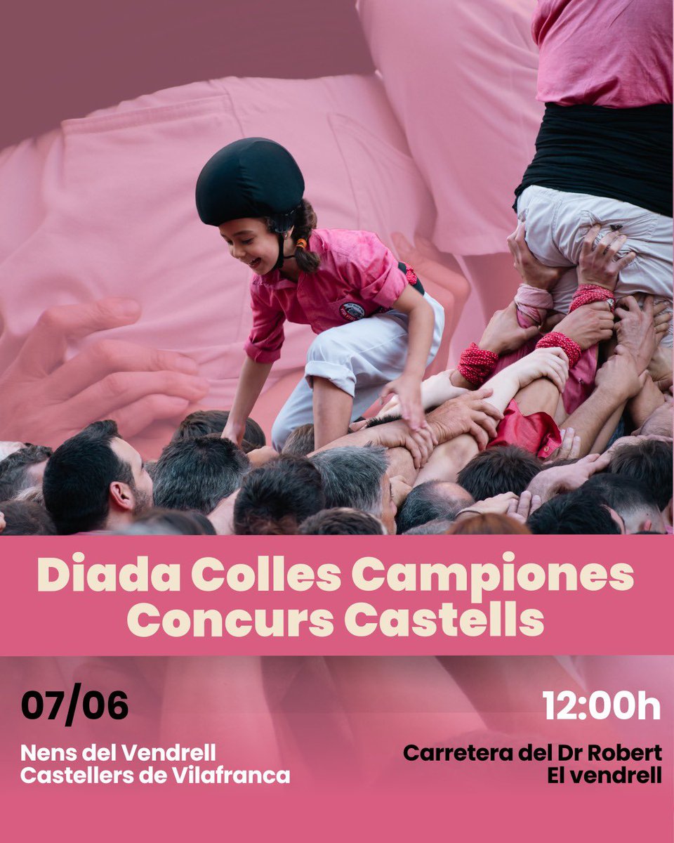 collavella's tweet photo. DIADA COLLES CAMPIONES CONCURS DE CASTELLS !

🗓️ 07/06
📍 Carretera del doctor Robert (El Vendrell)
⌛ Diada - 12.00 h
👥 @nensdelvendrell @Verds 

#castells #collavella https://t.co/G0qbSbj2kJ