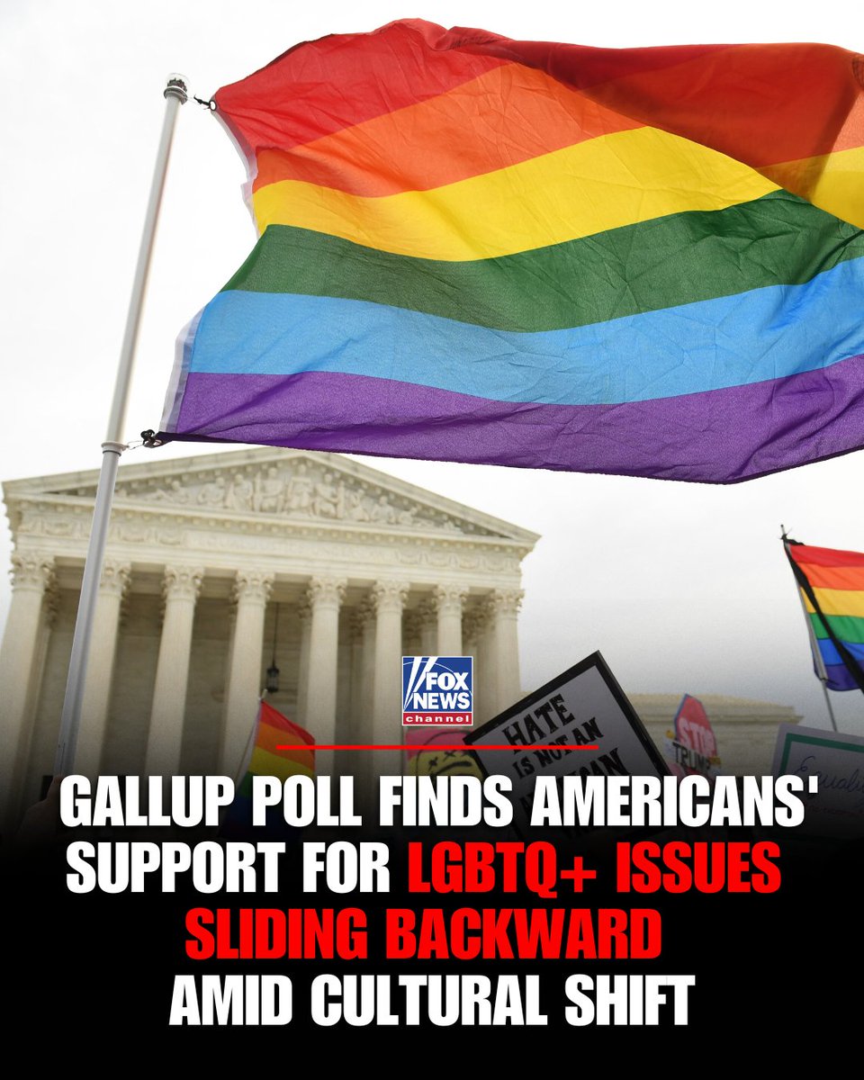 FoxNews_Flash's tweet photo. Support for LGBTQ+ issues is sliding backward. Gallup poll: Same-sex marriage support drops to 65% (down 6 pts from peak). Moral acceptance of gay/lesbian relations at 62% — lowest since 2016. Gender transition moral acceptance now just 38%. https://t.co/rZhl77WxfP