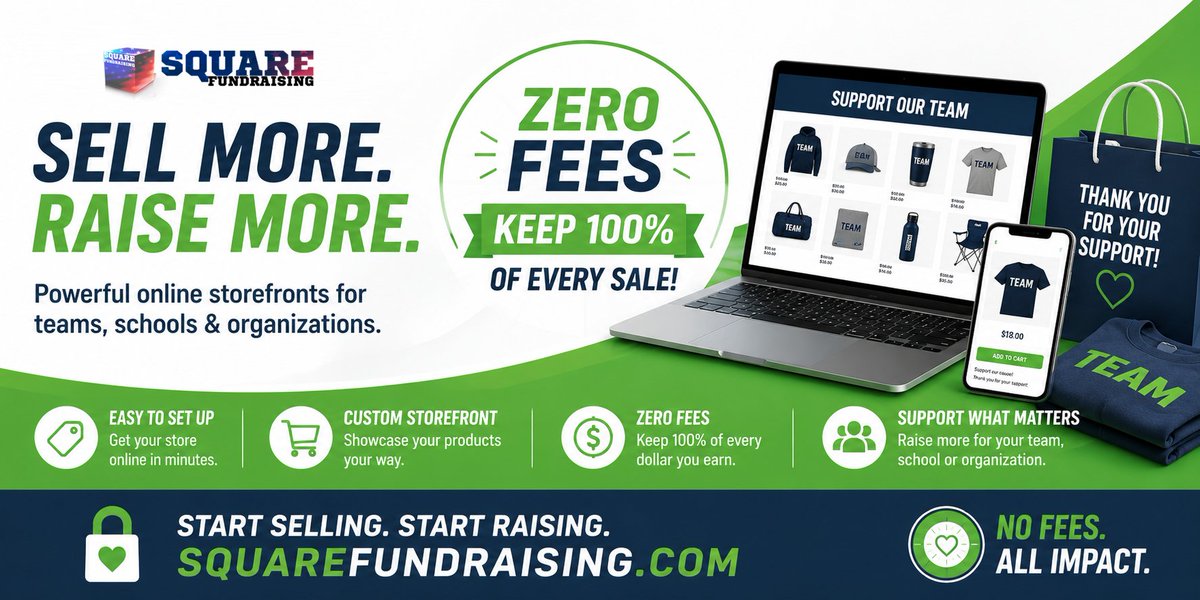 Square0661's tweet photo. First ever 0% fee sales platform...managers net 100% of their sales proceeds for their team/non-profit! 
Free Sales Storefront Fundraiser https://t.co/TqR695eKQt