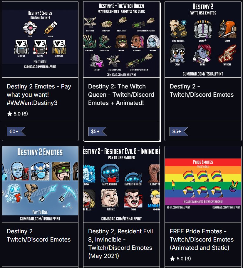 itsHalfpint's tweet photo. @DestinyTheGame If you like my work, I have a bunch more Destiny 2 (and lots of other) emote packs available on my Gumroad on a pay to use basis!
https://t.co/JUUyOTT4q3

#twitchemotes #destiny2 #wewantdestiny3 https://t.co/RK6UbkI2AC