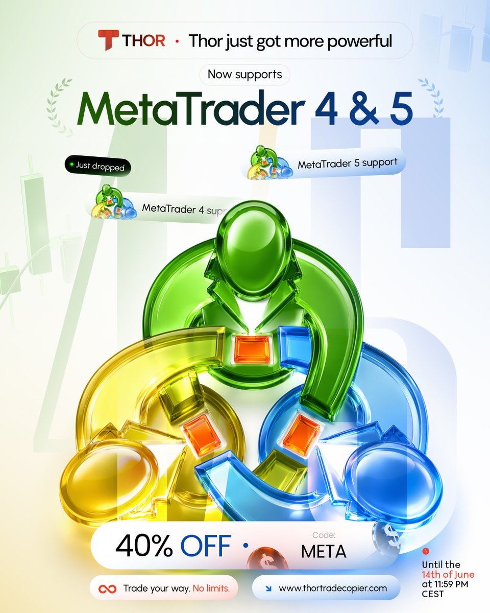 thortradecopier's tweet photo. ⚡ Thor now supports MetaTrader 4 &amp; 5.
Copy trades across MT4 and MT5  seamlessly, with no limits.
🎁 Use code "META" for 40% OFF → valid until June 14, 11:59 PM CEST
🔗 https://t.co/dPZPnlUDDq https://t.co/RZ2teBR040