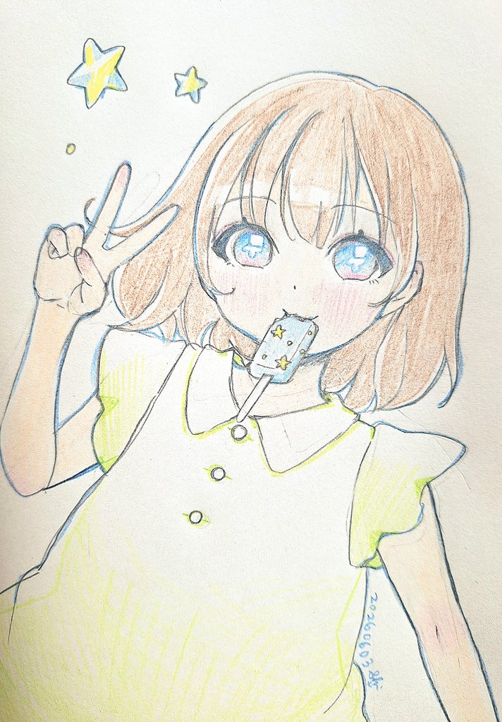 shinobun0805's tweet photo. マルチ8が届いたので描いてみました✨

優しい発色が楽しい…！
星アイスの女の子です⭐💖

#アナログイラスト #マルチ8 https://t.co/ayPTgodYYC