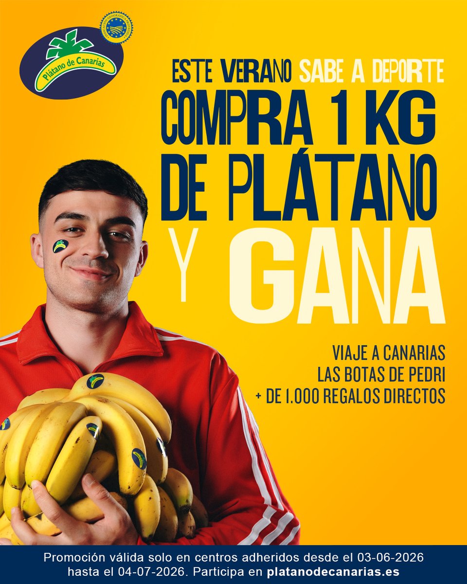platanosiempre's tweet photo. ¡Marca el gol con más sabor del verano! 😉⚽🍌

Desde hoy hasta el 4 de julio, comprar Plátano de Canarias puede tener premio (y de los buenos 🤯) Un viaje a Canarias, unas botas de Pedri y ¡más de 1.000 regalos directos!

👉 ¿Cómo? Muy fácil:
1️⃣ Compra 1 kg de Plátano de Canarias en los centros adheridos.
2️⃣ Escanea el QR que encontrarás en el packaging o en los pósters de la promo.
3️⃣ También, puedes participar visitando https://t.co/58aNDzExw2 
4️⃣ ¡Guarda tu ticket de compra! Deberás subirlo al formulario para poder participar.

¡Ya solo queda cruzar los dedos! 🤞 Bueno, y disfrutar del sabor único, que eso ya viene ganado 😉
Disfruta el verano con sabor, deporte y un poquito de suerte platanera 🍌

📅 Promoción válida del 03/06/2026 al 04/07/2026.

#PlátanoDeCanarias #LaFrutaDelDeporteEspañol #ElSaborDeLoNuestro