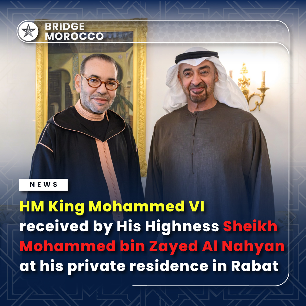 BridgeMorocco's tweet photo. 🇲🇦🤝🇦🇪King Mohammed VI received UAE President Sheikh Mohammed bin Zayed Al Nahyan in Rabat

The two leaders discussed regional and international developments, reaffirming the strong strategic partnership, cooperation, and longstanding ties between Morocco and the UAE. https://t.co/nJV1VZlGfk