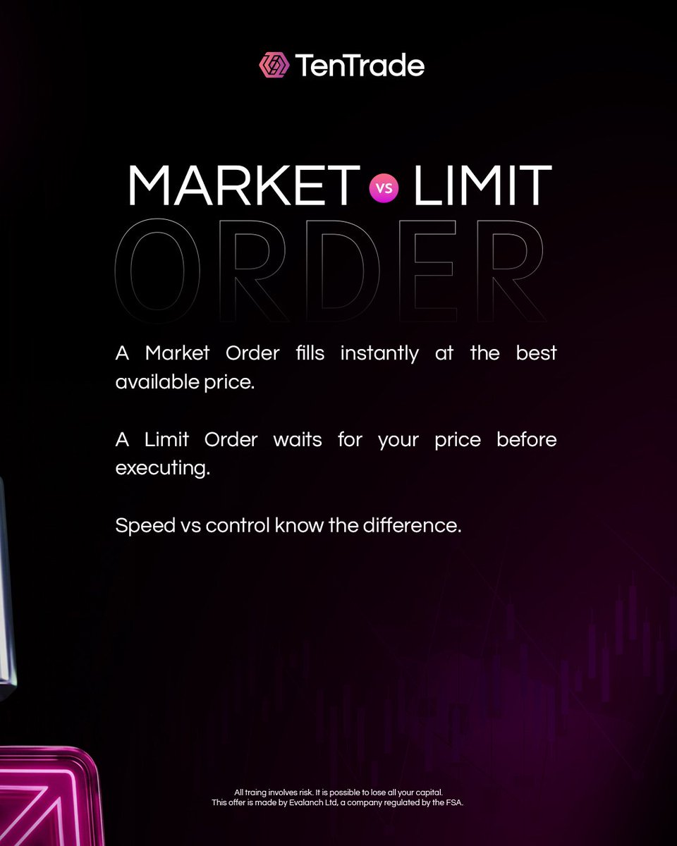 Tentradeafrica's tweet photo. Your entry is only as good as your order type. 

Market orders. Limit orders. Stop orders. Three tools every trader needs to understand before they touch a chart

One order fills instantly. One waits for your price. One protects your position automatically.

Miss the difference and you're already behind. 

Swipe through and close the gap. 

#tentrade #tradereducation #tradesmart #ordertypes #tradingknowledge