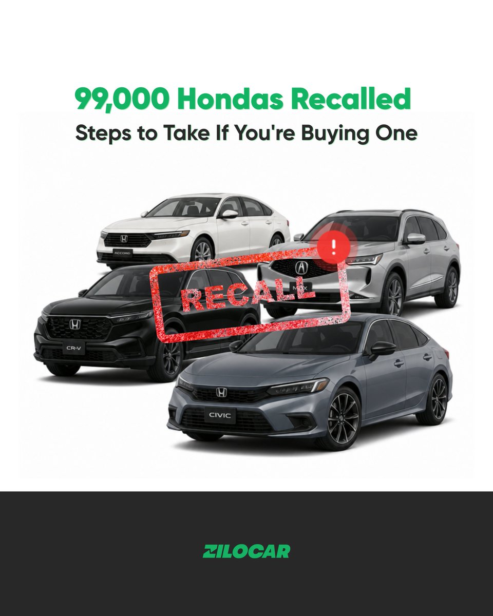 zilocar's tweet photo. Honda recall 2026: Steps to take if you're buying a used one

✔️ 99,000 vehicles. 
✔️ Faulty airbag sensor. 
✔️ Model years 2016-2026.

A listing won't show this. A VIN check will 👉 https://t.co/wwdldbdDGe https://t.co/YoXw9uc5rM