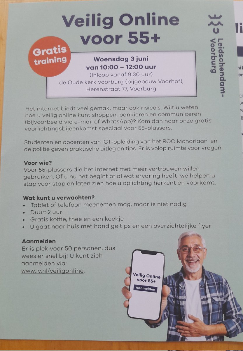 DiederikV's tweet photo. Je 'stinkt er zomaar in'. Veilig online leer je vaak op de harde manier, de @Gemeente_LV biedt cursussen voor 55+ om weerbaar&amp;allert te zijn op internet. Vandaag in De Voorhof met docenten&amp; studenten van @rocmondriaan en de @Politie. Goed werk &amp; initiatief, fijn dat ze er zijn. https://t.co/n3T0gWslRZ