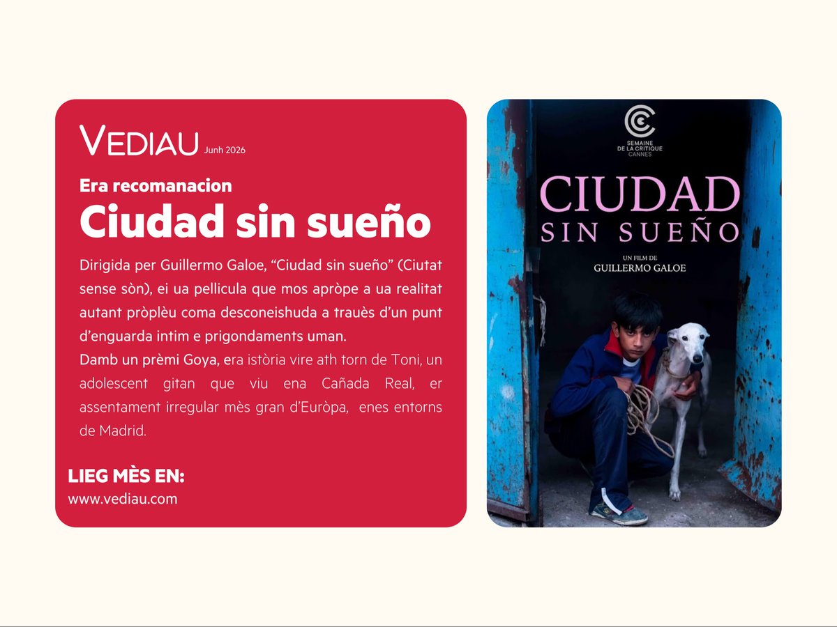 unitatdaran's tweet photo. 📖 Era nòsta recomanacion: Ciudad sin sueño (Ciutat sense sòn), de Guillermo Galoe. Ua pellicula que retrate era vida ena Cañada Real a trauès de Toni, un adolescent qu’afronte era menaça de pèrder eth sòn larèr. https://t.co/LFSEBZEL2E