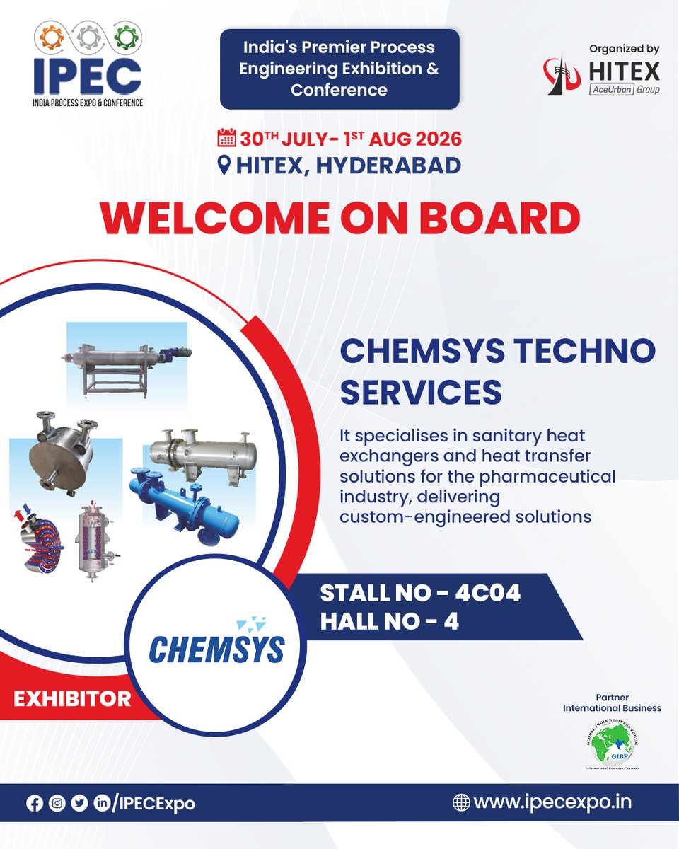 IPEC_EXPO's tweet photo. Welcome on board Chemsys Techno Services.
Delighted to have them showcase their solutions at 5th edition of IPEC.

#IPEC #ProcessEngineering #IndustrialExpo #ManufacturingIndia #HITEX https://t.co/YgTvt26MVn