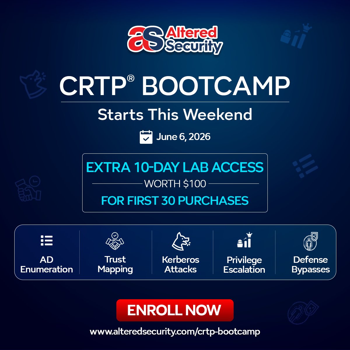 AlteredSecurity's tweet photo. CRTP® Bootcamp starts this weekend.

Register now and be among the first 30 purchases to receive 10 extra days of lab access (worth $100).

Starts: June 6, 2026

https://t.co/h8ln94H87C

#CyberSecurity #RedTeaming #ActiveDirectory #CRTP #InfoSec #OffensiveSecurity https://t.co/QZXueilGLV