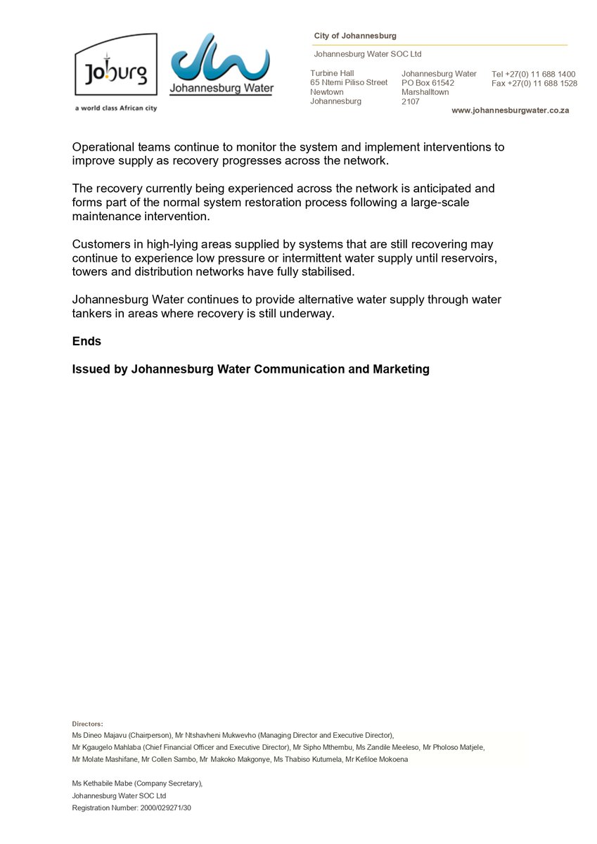 Official Johannesburg Water notice