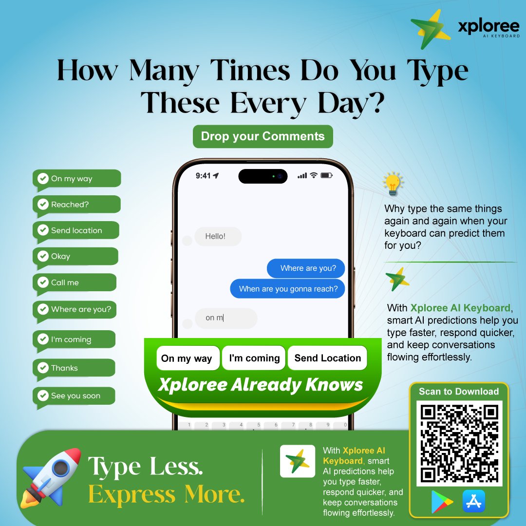 XploreeKeyboard's tweet photo. ⌨️ How many times do you type these every day?

✔ On my way
✔ Reached?
✔ Send location
✔ Okay
Xploree AI Keyboard already knows. 😎

🚀 Smart AI predictions that help you type faster and reply quicker.

What's your most-used message? 👇

#Xploree #AIKeyboard #SmartTyping https://t.co/dAvocKWSBq