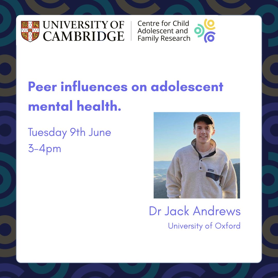 CFR32's tweet photo. Our final CAFR seminar for 2026-27 is coming up next week:

'Peer influences on adolescent mental health.' 
~ Dr Jack Andrews, Oxford.

Sign up to join us online: https://t.co/7de32LQFYw https://t.co/T9wVk2rqGy