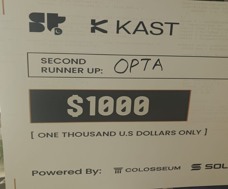 optafinance's tweet photo. Opta is proud to place as Second Runner-Up at the Frontier hackathon (local track).

Beyond the placement, this is validation. Recognition on what we've believed in from day one.
Thank you to the organizers &amp; to every team that built and shipped alongside us.

Opta. Soon. https://t.co/OcPbny0dXz